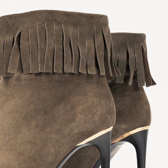 Burberry Pelling Khaki Suede Fringe Peep-Toe Booties - Picture 8 of 10